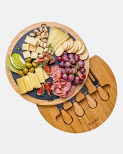 Load image into Gallery viewer, 12 Inch Charcuterie Board | Round Bamboo Cheese Board with Knife Set and Removable Slate - Eco Friendly
