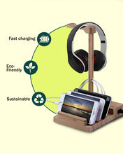Load image into Gallery viewer, 2 in 1 Bamboo Wood Charging Station Stand 3 USB for iPhone &amp; Headphone - Bamboo Charging Station Stand
