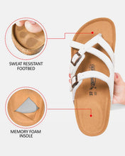 Load image into Gallery viewer, Women’s Strappy Slip-On Modern Memory Foam Cushion Footbed Outdoor Adjustable Buckle Cork Footed Slides for Sandals with Comfortable Arch Support. - Eco Friendly
