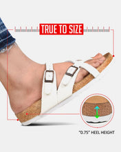 Load image into Gallery viewer, Women’s Strappy Slip-On Modern Memory Foam Cushion Footbed Outdoor Adjustable Buckle Cork Footed Slides for Sandals with Comfortable Arch Support. - Eco Friendly
