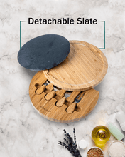 Load image into Gallery viewer, 12 Inch Charcuterie Board | Round Bamboo Cheese Board with Knife Set and Removable Slate - Eco Friendly
