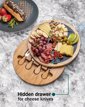 Load image into Gallery viewer, 12 Inch Charcuterie Board | Round Bamboo Cheese Board with Knife Set and Removable Slate - Eco Friendly
