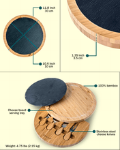 Load image into Gallery viewer, 12 Inch Charcuterie Board | Round Bamboo Cheese Board with Knife Set and Removable Slate - Eco Friendly

