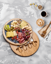 Load image into Gallery viewer, 12 Inch Charcuterie Board | Round Bamboo Cheese Board with Knife Set and Removable Slate - Eco Friendly

